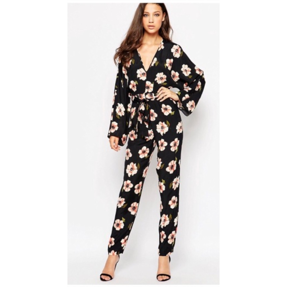 Asos Size 2 Black Floral Print Kimono Sleeve Jumpsuit